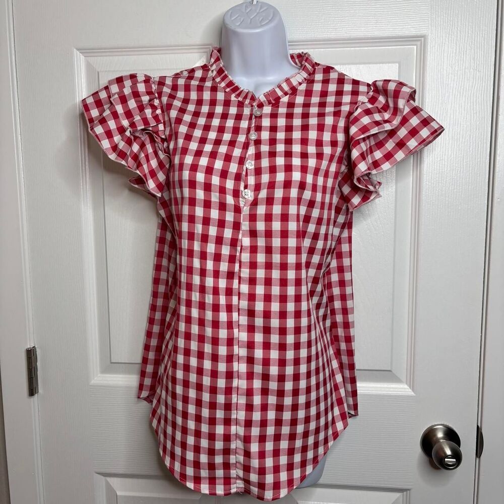Greathe Red Gingham Check Ruffle Sleeve Blouse Women's L Button Front